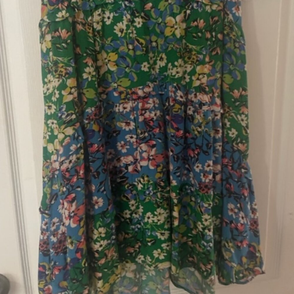 Anthropologie Blue and Green tiered mini dress with flowy sleeves.